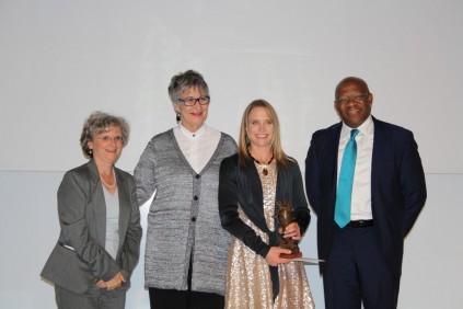 French Ambassador to South Africa Elisabeth Barbier, president of the South African National Association for Visual Arts, Dirkie Offringa, winner of 2013 Absa L'Atelier Arts Awards, Pauline Gutter of Bloemfontein and Absa's Africa group executive Bobby Malabie.