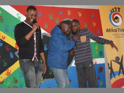 ALEX rappers Go-siame Lepaaku, Mpho Marima and Comfort Dludlu showcase their rapping skills to the amusement of the audience at the graduation ceremony.