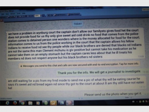 Social media message alleges impropriety by police on guard duty at Alexanda Magistrates' Court.